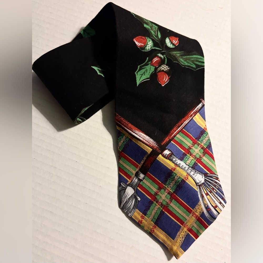 VINTAGE Wide Fall/Autumn Neck Tie 55” Short BLACK Tartan+Acorns Stix Baer Fuller